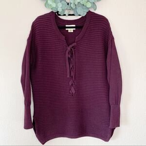 Ruby Moon Maroon Lace up Ribbed Pullover Side Slits Womens Sweater Medium
